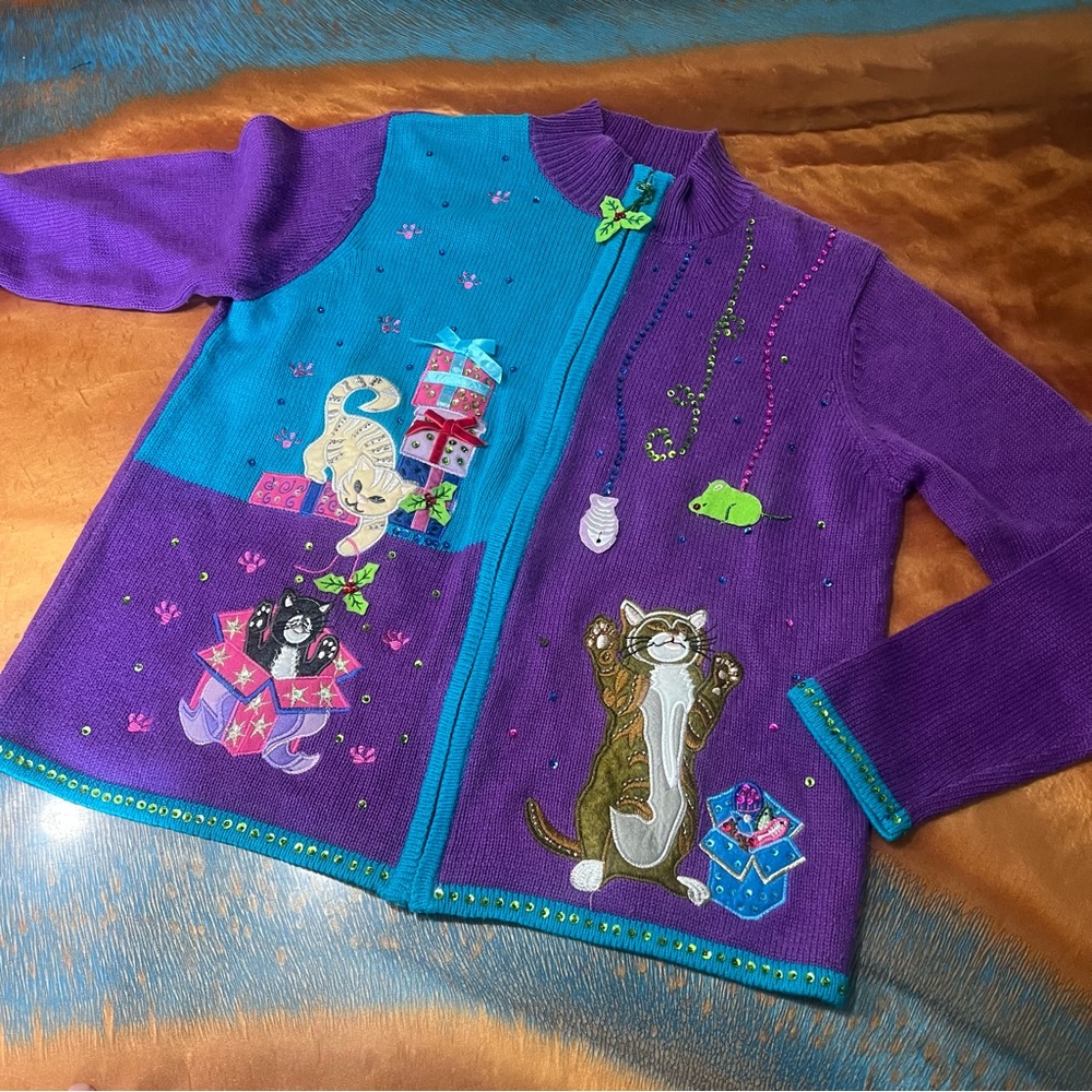 Heirloom Collwctible Christmas Cats holiday zip front Cardigan XL sequins